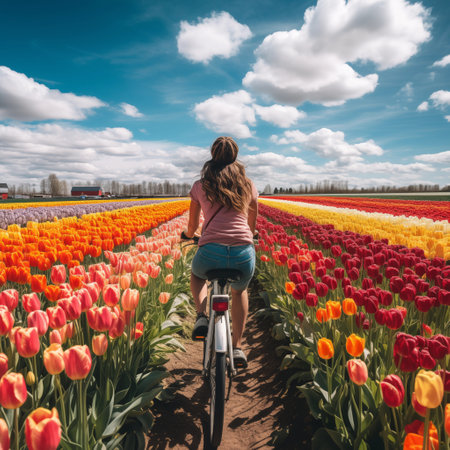 Young woman riding a bicycle through a colorful tulip field in Hollandの素材