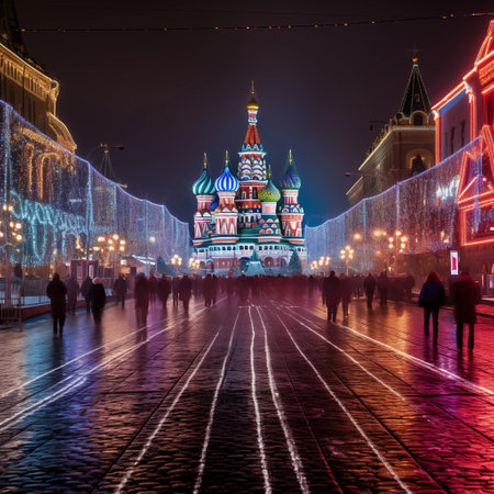St. Basil's Cathedral on Red Square at night, Moscow, Russiaの素材