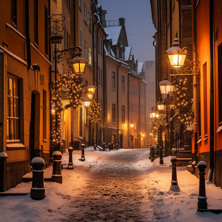 Stockholm in winter, Sweden. Old town streets at night.の素材
