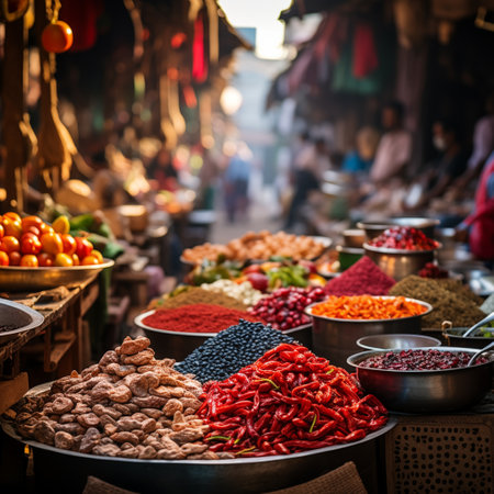 Spices and dried fruits on the street market in India. Selective focusの素材