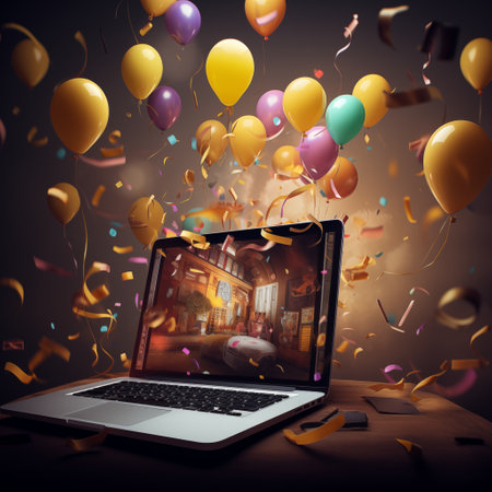 Laptop with flying balloons and confetti. 3d rendering.の素材