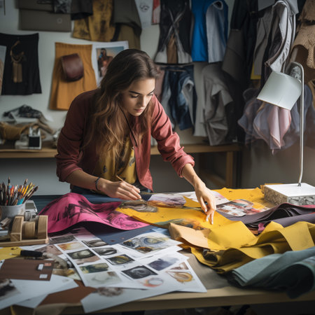 beautiful young fashion designer working on new collection of clothes in studioの素材