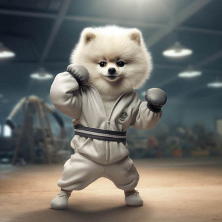 Pomeranian dog in a karate suit. 3d renderingの素材