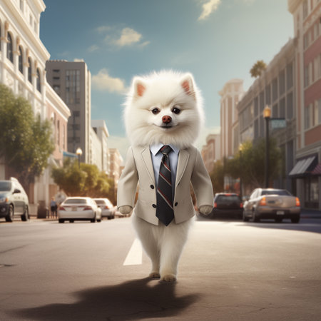 pomeranian dog dressed as a business man walking on the streetの素材