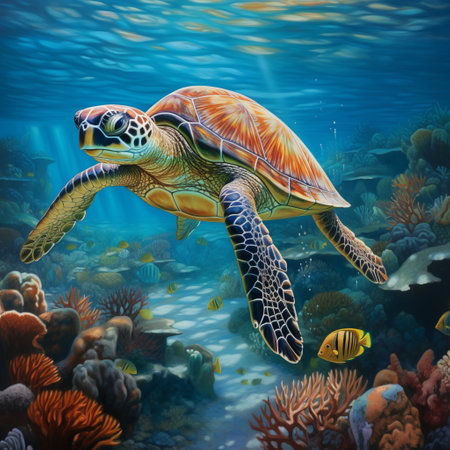 Green sea turtle swimming in the coral reef. 3D illustration.の素材