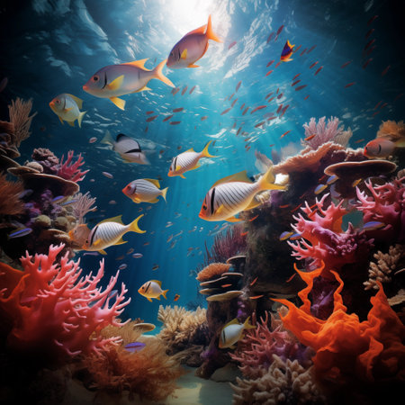 Underwater scene with coral reef and tropical fish. 3D renderingの素材
