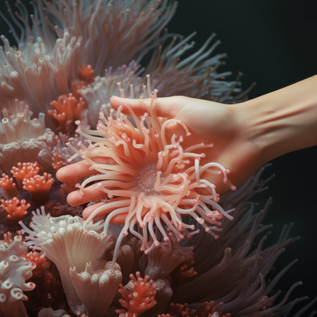 Beautiful coral reef with anemone in hand on dark backgroundの素材
