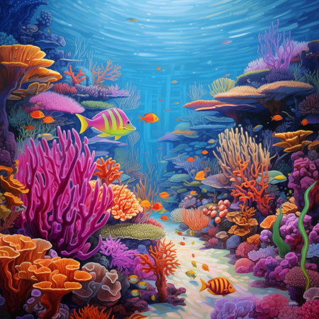Underwater scene with coral reef and fish. 3d illustration.の素材