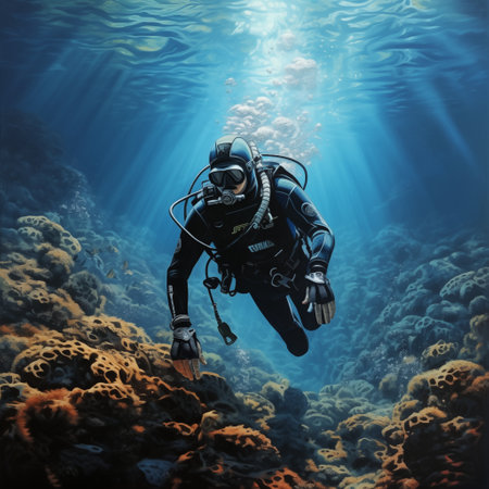 Scuba diver in the deep blue sea. 3d illustration.の素材
