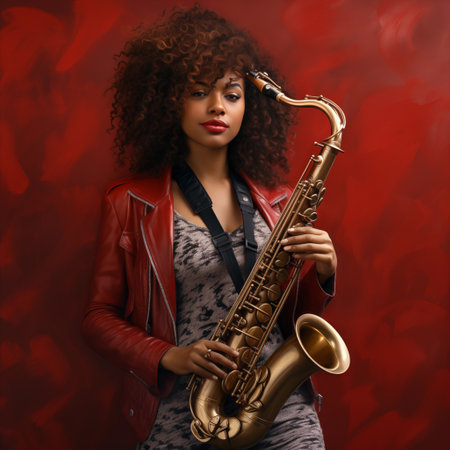 Beautiful african american woman playing the saxophone on red backgroundの素材