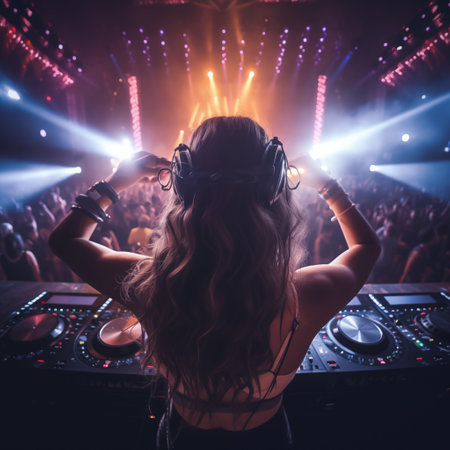 Back view of a female disc jockey in headphones at a nightclubの素材