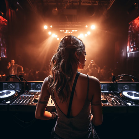 Back view of young woman in headphones playing music at a nightclub.の素材
