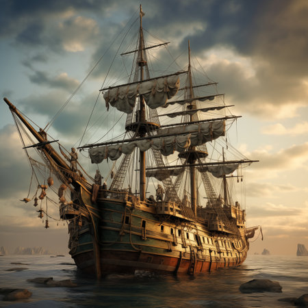 Sailing ship in the sea. 3D render. Vintage style.の素材