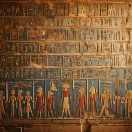 Egyptian hieroglyphs on the wall of the temple.の素材