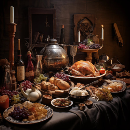 Still life with roast turkey, wine, grapes and other food on tableの素材