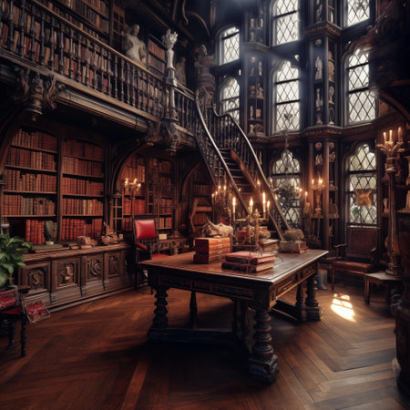 Interior of an old library with books, stairs and a staircaseの素材
