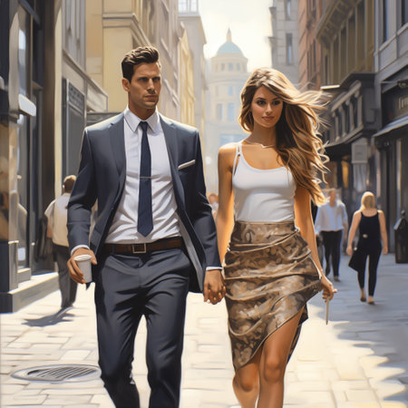 Beautiful couple in love walking in the city. Romantic date.の素材