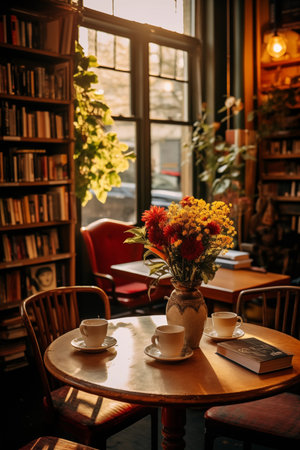 Coffee shop interior with books and a vase of flowersの素材