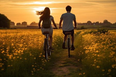 Young couple riding bikes in a field of yellow flowers at sunset.の素材