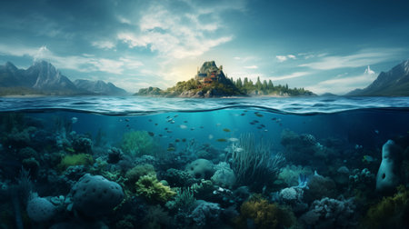 Beautiful underwater landscape with mountains and tropical fish. 3d renderingの素材