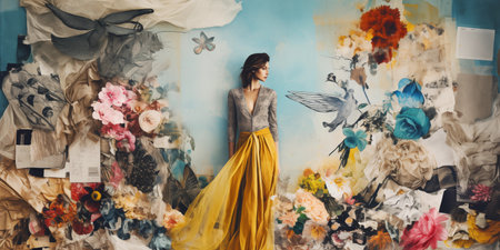 Beautiful young woman in a long yellow dress among the painted wallの素材
