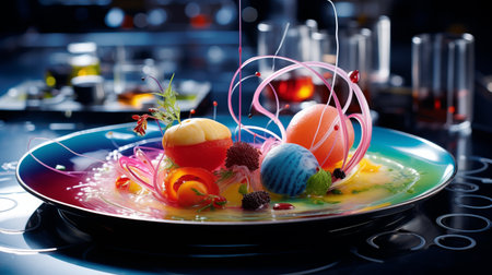 Colorful easter eggs decorated with flowers on a blue plate.の素材