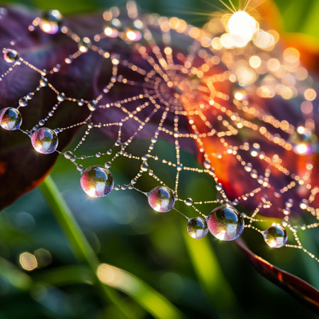 Drops of dew on a spider web in the morning.の素材