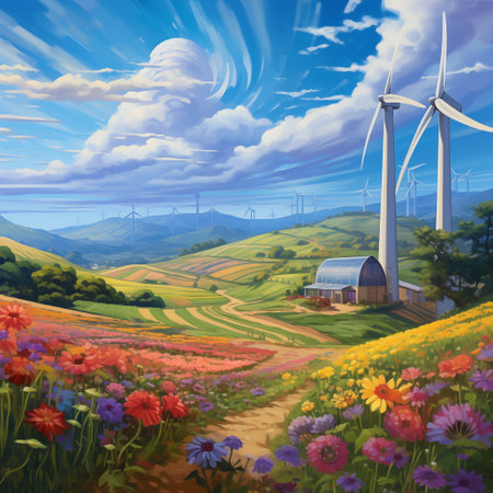 Beautiful spring landscape with wind turbines and flowers. Digital painting.の素材