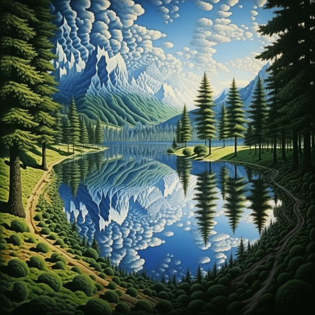 Fantasy landscape with a lake, trees and mountains in the backgroundの素材