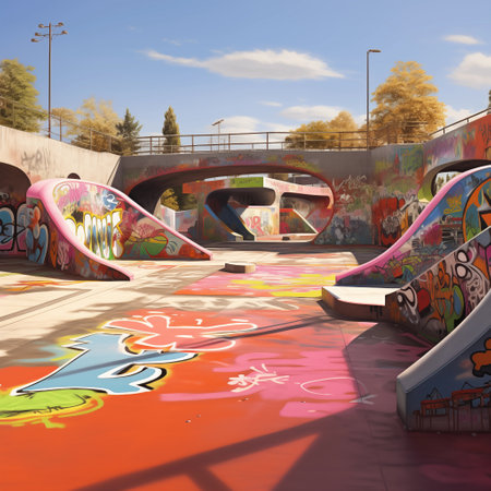 Colorful childrens slide in a skate park. 3d renderの素材