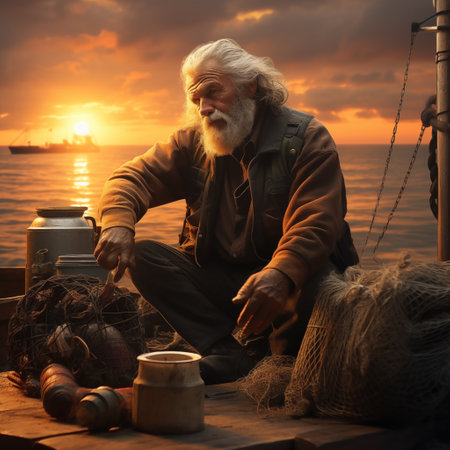 Fisherman on a boat at sunset. Portrait of an old man with a gray beard.の素材