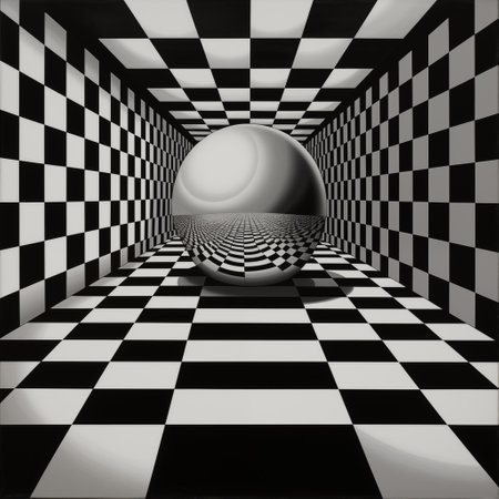 Abstract black and white checkered room with a sphere in the middleの素材