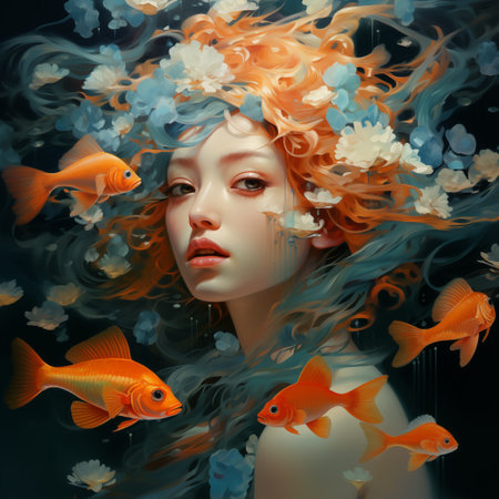 Portrait of a beautiful young woman surrounded by goldfish and flowers.の素材