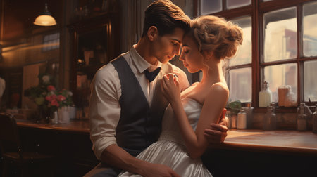 Beautiful young couple in love hugging and smiling while sitting in cafeの素材