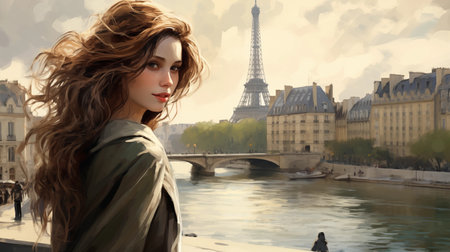 Beautiful young woman in Paris with Eiffel tower in the backgroundの素材