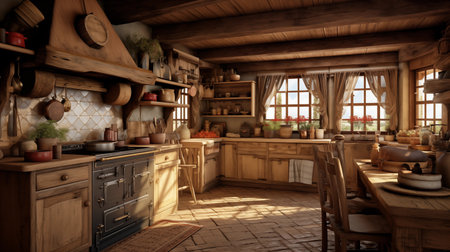 3d render of a rustic kitchen in a country style.の素材