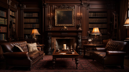 Luxury living room with fireplace, armchairs and bookcaseの素材