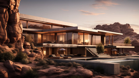 3d rendering of modern cozy house with parking and pool for sale or rent with wood plank facade. Clear sunny summer evening with blue sky.の素材