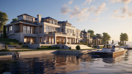 Luxury villa on the lake at sunset. 3d renderの素材