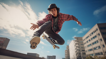 Skateboarder doing a trick on a skateboard in the cityの素材