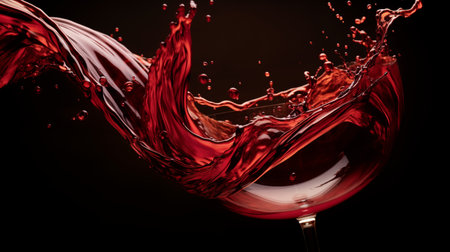 Red wine splashing out of a glass, isolated on black backgroundの素材