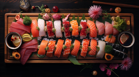 Sushi set on wooden board, top view. Japanese food.の素材