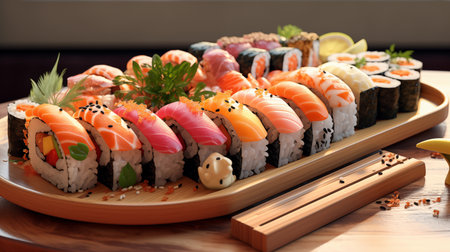 Sushi set on a wooden plate with chopsticks and wasabiの素材
