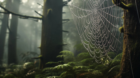 Spider web in the misty forest. Halloween, horror and scary conceptの素材