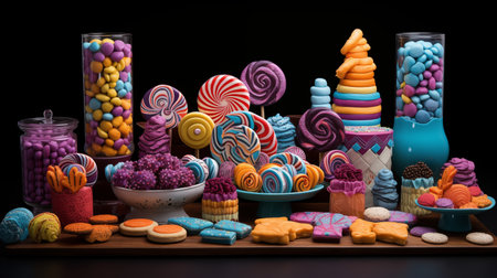 Colorful candies, lollipops and other sweets on dark backgroundの素材
