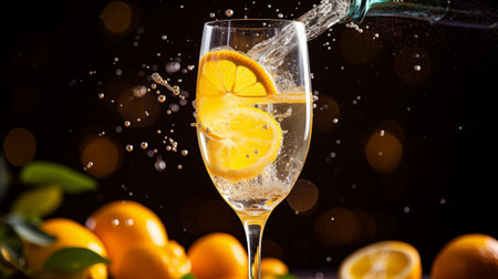 glass of champagne with splashes and fruits on a dark background.の素材
