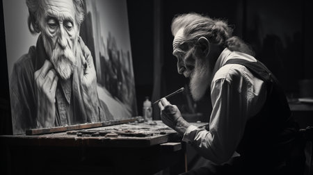 Artisan working on a painting in his studio. Black and white.の素材