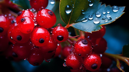 Red berries of holly with water drops on a dark background.の素材