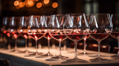 Wine glasses on a table in a restaurant, shallow depth of fieldの素材