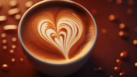 Cup of latte art coffee with heart shape on brown backgroundの素材